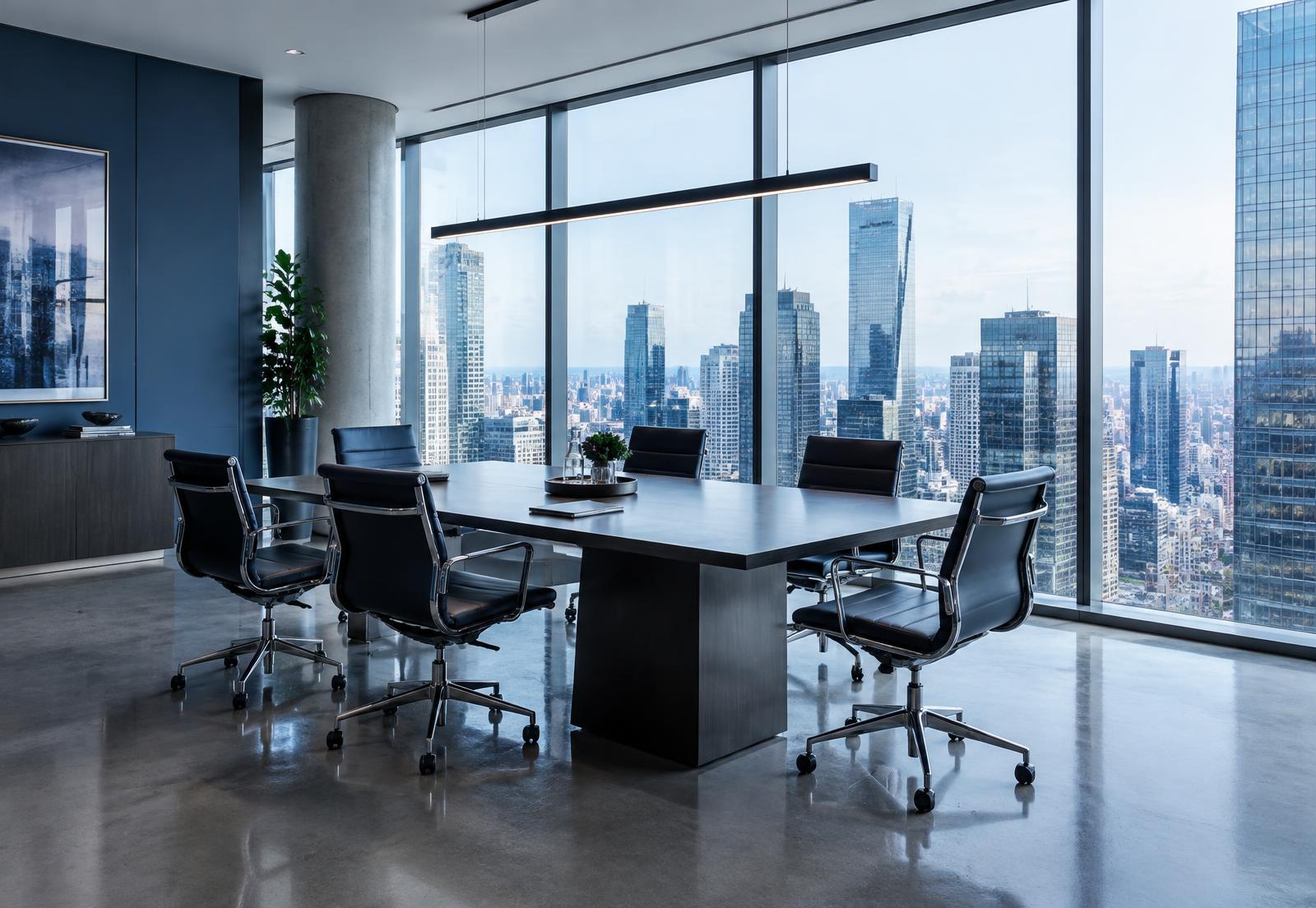 A calm, modern office with meeting space, desks and natural light